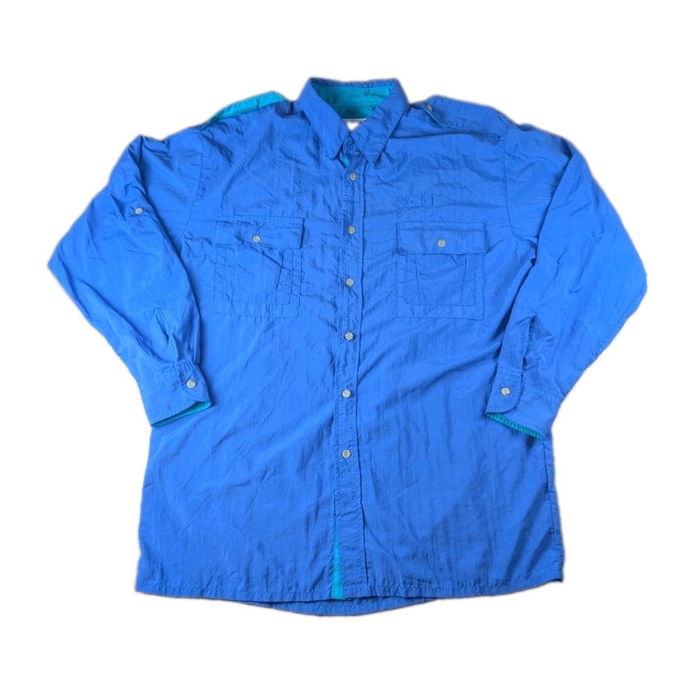 Vintage Sportif Made in Hong Kong Blue Nylon Fishing Safari Shirt Men's M Vented